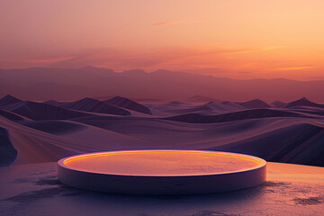 A smooth, round pedestal stands in the desert at night, with distant mountains and sand dunes in the background.