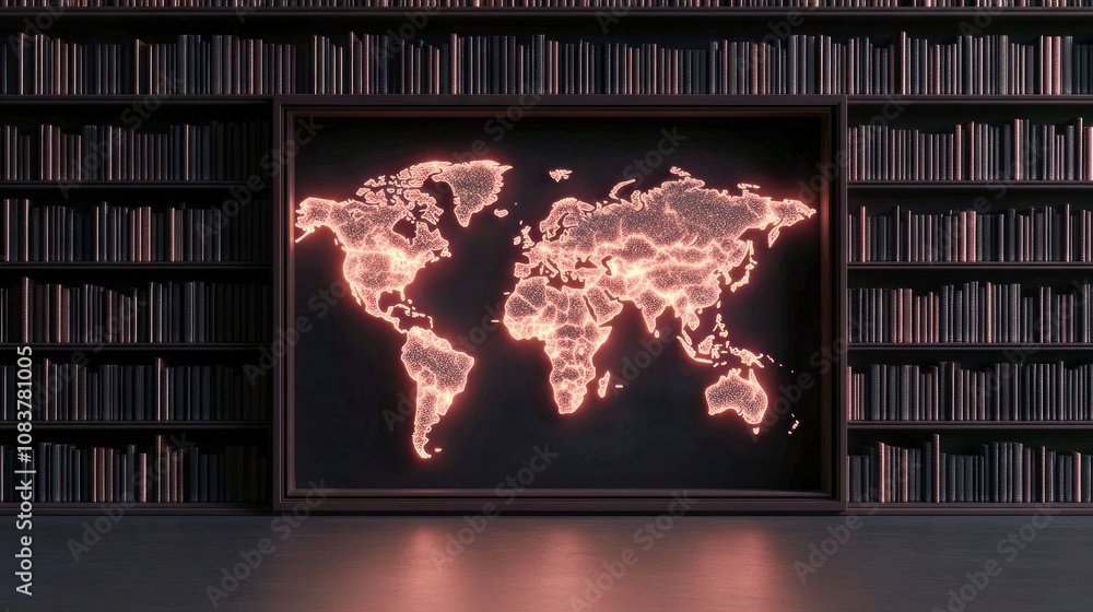 Poster interactive global map display modern library digital art cozy environment eye-level perspective wor