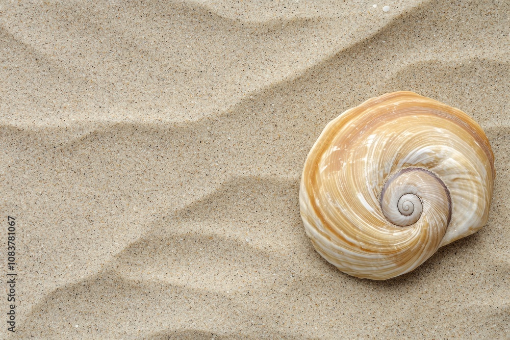 Poster a beautiful seashell is nestled in the soft sand, surrounded by gentle ripples, evoking a calm and t