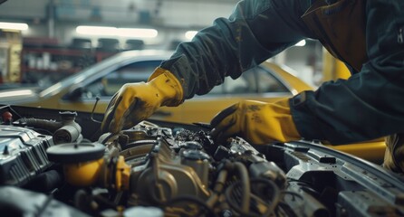 car repair, mechanic working, automotive service, tools, engine maintenance, manual labor, teamwork in garage, vehicle inspection, professional skills, workshop environment, close up detail