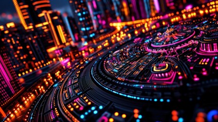 Obraz premium Vibrant cityscape featuring neon technology urban nightlife digital art futuristic environment aerial perspective innovation concept