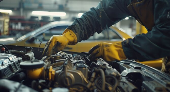 car repair, mechanic working, automotive service, tools, engine maintenance, manual labor, teamwork in garage, vehicle inspection, professional skills, workshop environment, close up detail