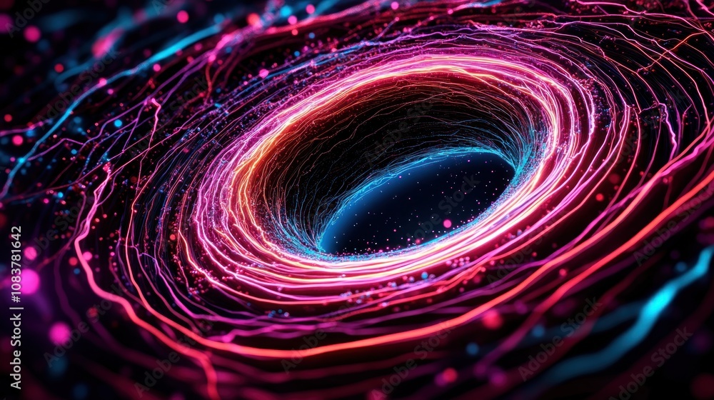 Poster dynamic energy flow in abstract space digital artwork bright neon colors cosmic environment close-up