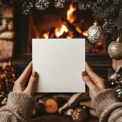 hands holding a square white blank Christmas invitation mockup, detailed design, fireplace in the background and Christmas decoration 