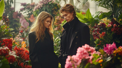 Fototapeta premium A romantic moment between two fashionable individuals in a lush flower greenhouse filled with vibrant blooms during golden hour