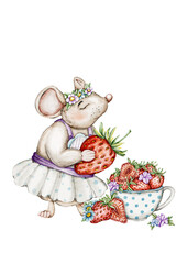 Fototapeta premium illustration, poster Fairy Garden Mice, Strawberries and Flower Patterns, compositions of digital elements for design 