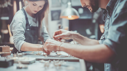 Fototapeta premium Artisans create unique handmade jewelry in a cozy workshop during a creative afternoon filled with passion and artistry