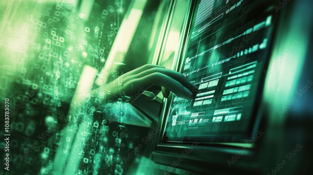 Poster A hand interacting with a digital interface, surrounded by binary code and green hues.