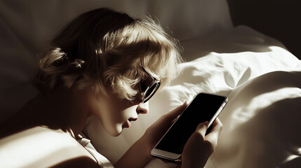 Fototapeta premium A woman in sunglasses relaxed on a bed while using her smartphone, absorbed in the glow of the screen during a lazy afternoon