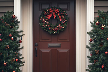 Burgundy front door Christmas decorated - festive opulent entryway of suburban house with a grand wreath, rich colors, and elegant holiday decor, setting a luxurious tone