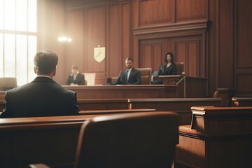 Back view of defendant in courtroom facing judge and lawyers