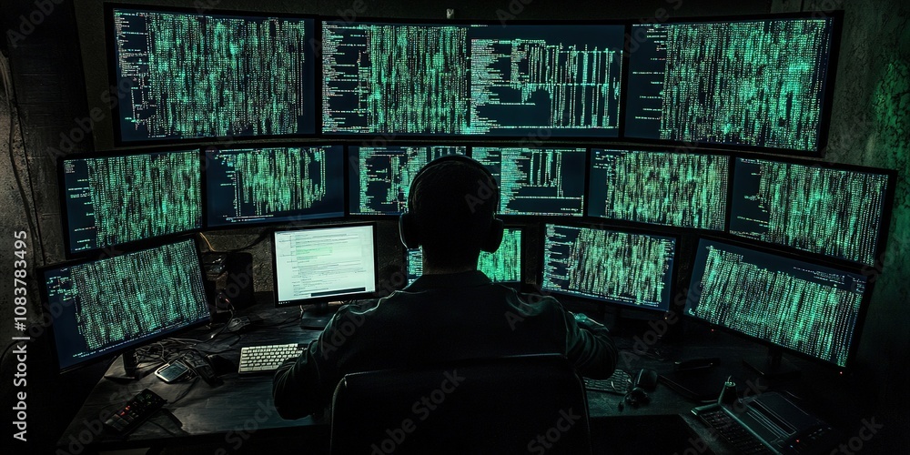 Aufkleber silhouetted hacker with multiple screens in dark room