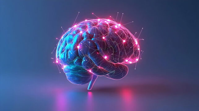 A sleek digital brain illuminated with bright pink and blue lights, symbolizing technological intelligence.