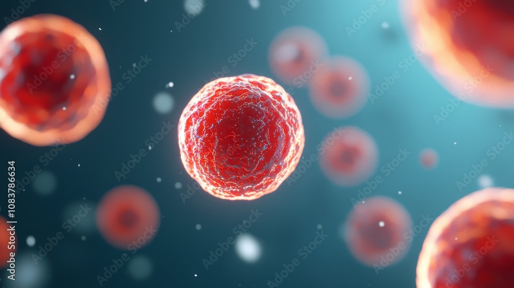 Poster a close-up view of red cells floating in a blue background, illustrating cellular biology and micros
