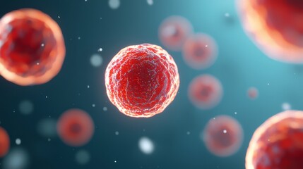 Naklejka premium A close-up view of red cells floating in a blue background, illustrating cellular biology and microscopic structures.