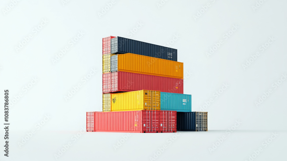 Poster three colorful shipping containers are stacked on a white background. this image represents how cont