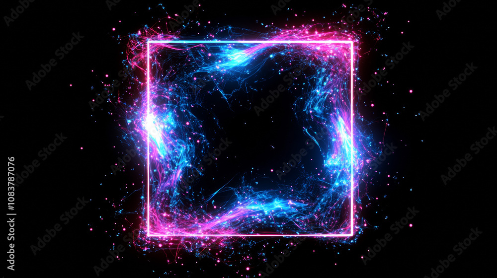 Poster a glowing square frame with blue and pink lights moving around it, set against a black background. t