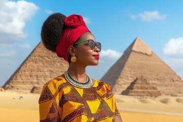 Black woman in colorful African attire with a green and pink patterned headwrap and statement jewelry, standing in front of the Pyramids of Egypt. 
