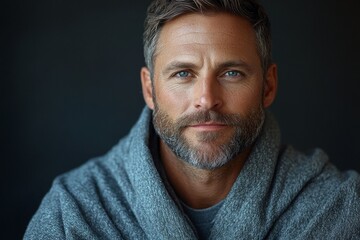 Fototapeta premium portrait caucasian man 50 years old with grey blanket on dark background