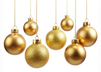Beautifully Isolated Gold Christmas Ornaments Hanging Delicately from Strings, Perfect for Holiday Decoration and Festive Themes