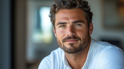 Obraz premium caucasian softly smiling man is 35 years old wearing white shirt, minimalistic male portrait
