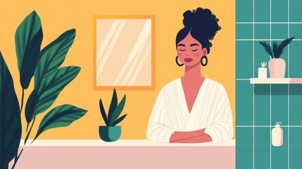 Fototapeta premium A serene illustration of a woman in a cozy space, surrounded by plants, reflecting a calm and peaceful atmosphere.