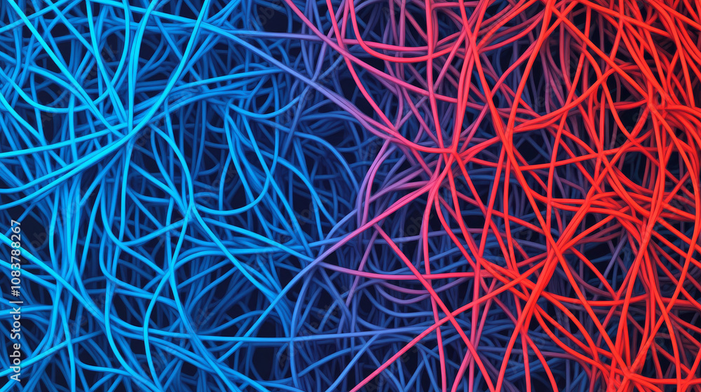 Poster a colorful background with blue and red lines forming a web-like pattern. the lines are arranged hor