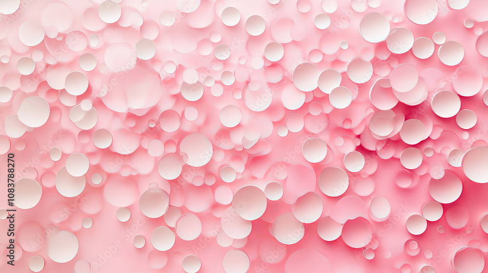 Poster the background is a soft pink with a scattered pattern of round shapes. it's a 3d image with a high 