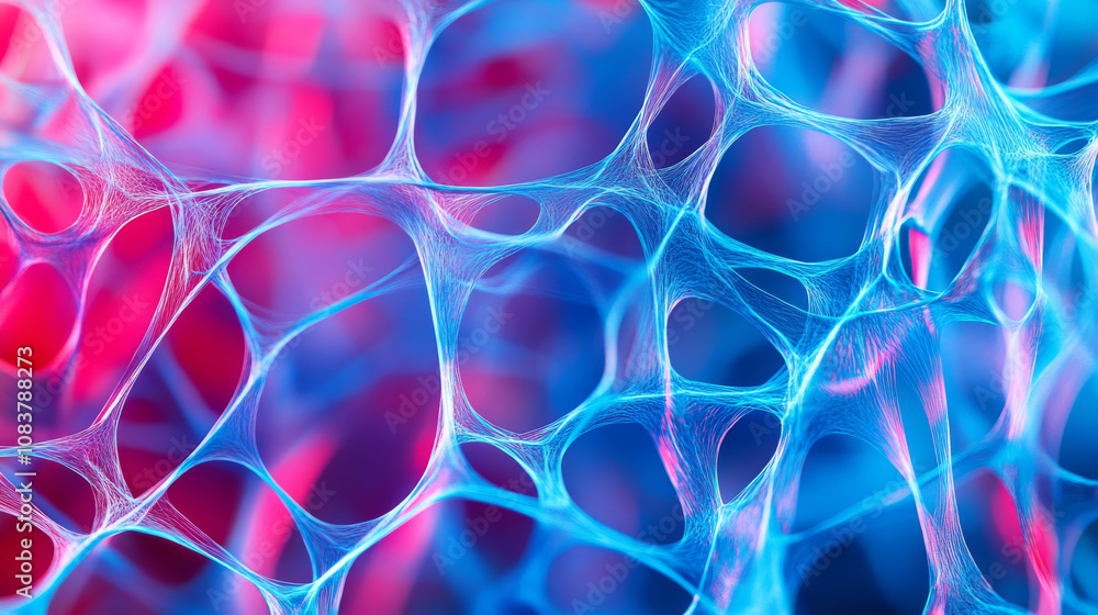 Poster a colorful background with blue and red lines forming a web-like pattern. the lines are arranged hor