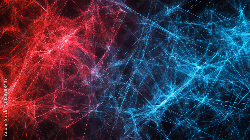 Poster a colorful background with blue and red lines forming a web-like pattern. the lines are arranged hor