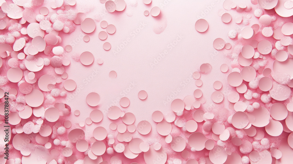 Poster the background is a soft pink with a scattered pattern of round shapes. it's a 3d image with a high 