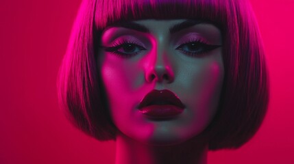 Obraz premium A striking portrait of a model with bold makeup, illuminated by vibrant pink and blue lighting, showcasing a dramatic expression and a sleek bob hairstyle.