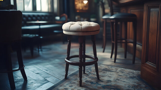 Elegant upholstered stool in a stylish bar setting with rich leather furniture and warm tones 
