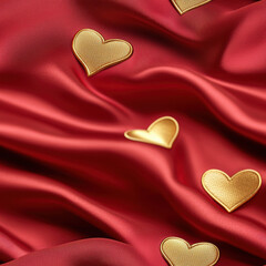 Fototapeta premium Elegant seamless pattern of gold foil hearts on red satin background, creating romantic and luxurious feel. Perfect for Valentine Day or special occasions