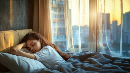 Young woman sleeping peacefully in bed by sunlight window in early morning