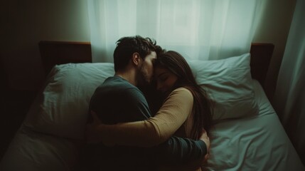 Young couple embracing tenderly in bed, sharing intimate moment