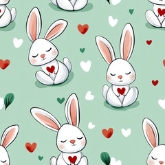 Fototapeta premium Cute bunnies with heart motifs create charming seamless pattern, perfect for various designs. This delightful illustration features adorable rabbits on soft green background
