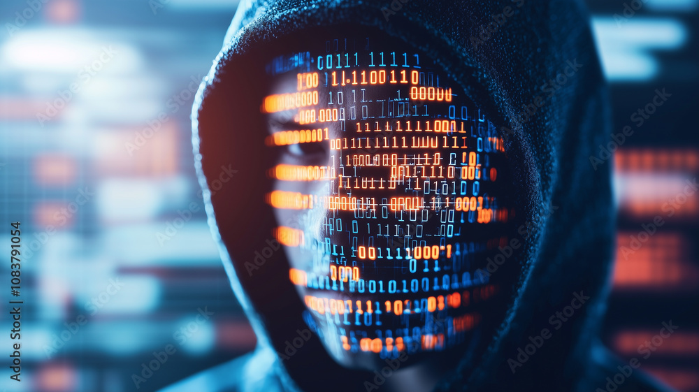 Aufkleber hooded figure with digital face composed of binary code, symbolizing cybercrime and anonymity in digital world. image conveys sense of mystery and threat