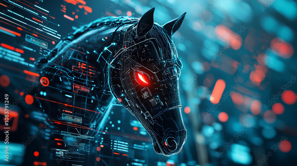 Poster dark horse with glowing eyes surrounded by abstract digital elements, creating futuristic and myster