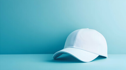 Fototapeta premium A white baseball cap placed on a clean surface against a vibrant blue background, illuminated by soft natural light.
