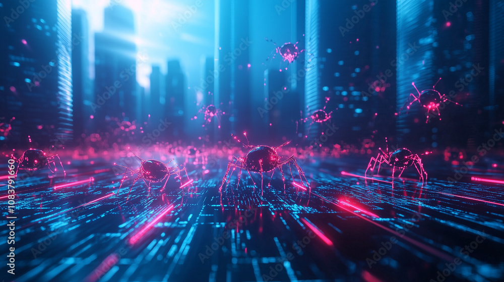 Poster futuristic cityscape with digital bugs crawling over neon lit surface, creating vibrant and dynamic atmosphere. scene is filled with glowing lights and towering skyscrapers