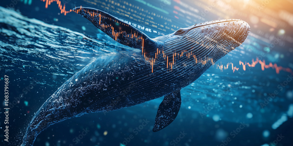 Aufkleber giant whale breaches ocean surface, symbolizing volatility and dynamics of stock market with digital graphs overlayed, creating powerful visual metaphor