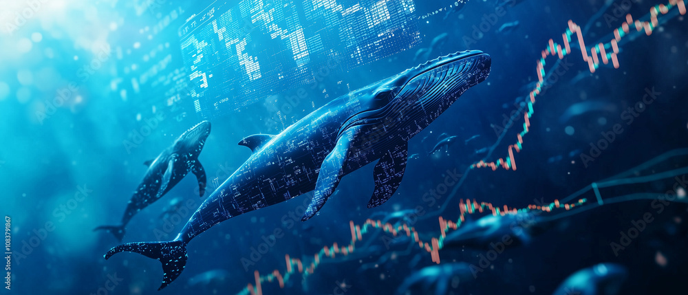 Poster pod of whales swims in harmony with stock market graphs, symbolizing financial growth and stability 