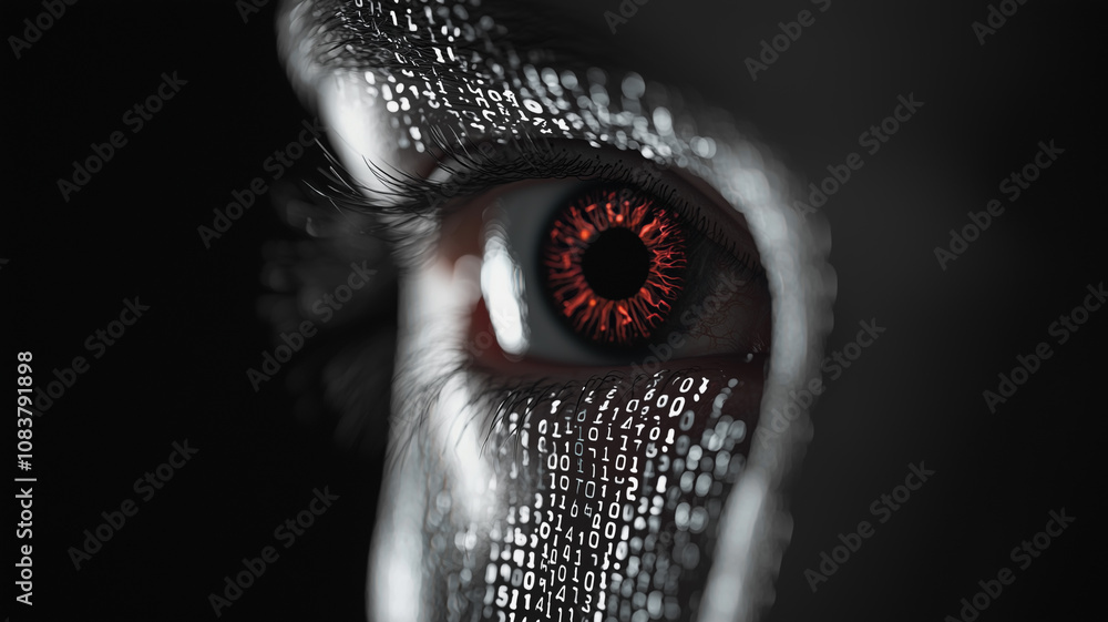 Leinwandbilder close up of human eye with digital, binary code overlay, creating futuristic and mysterious atmosphere. red iris adds intense, captivating focus to image