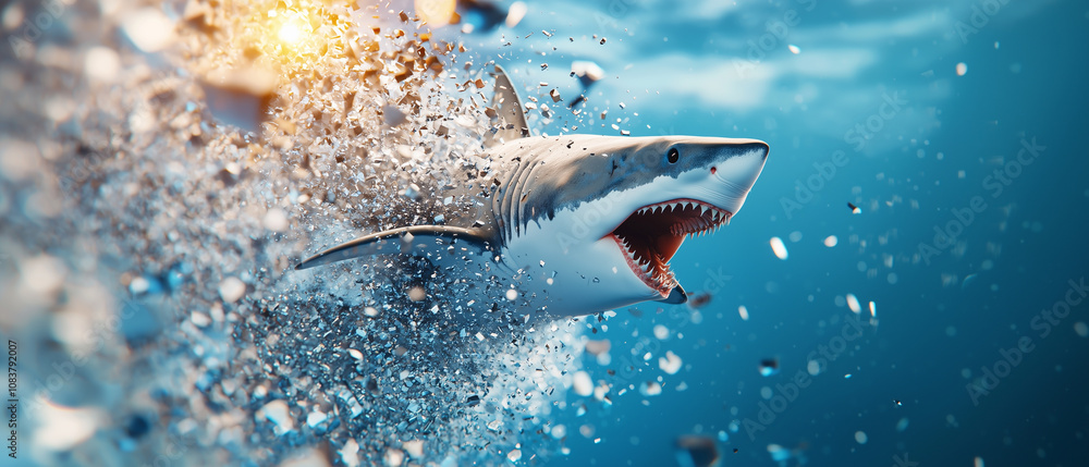 Poster dynamic illustration of shark breaking through wall of obstacles, symbolizing strength and determina