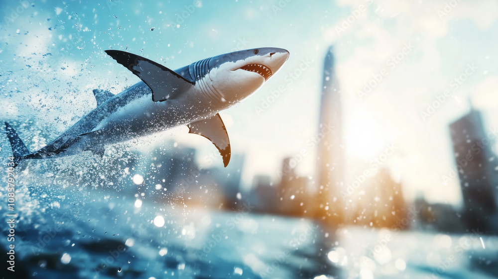 Poster shark leaps out of water against city skyline, creating dynamic and thrilling scene with splashes and sunlight