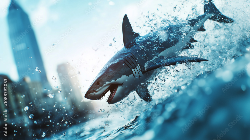 Poster dynamic image of shark leaping out of water, showcasing its powerful form against blurred cityscape 