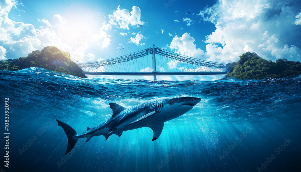 Poster shark swims beneath bridge connecting two islands, symbolizing strength and connection in vibrant oc