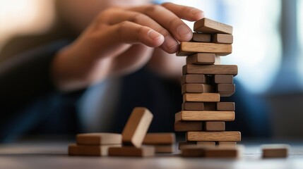 A hand is placing a wooden block on top of a tower, showcasing a tense moment in a game of skill and balance.