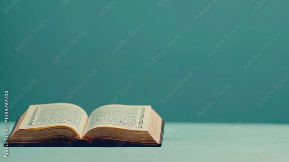 Poster an open book on a table against a simple background.